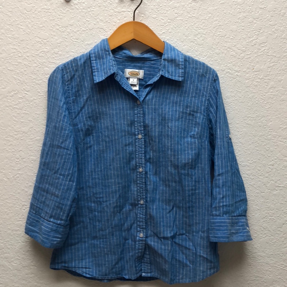 Talbots roll-up sleeve blue striped button-up top - Picture 2 of 7